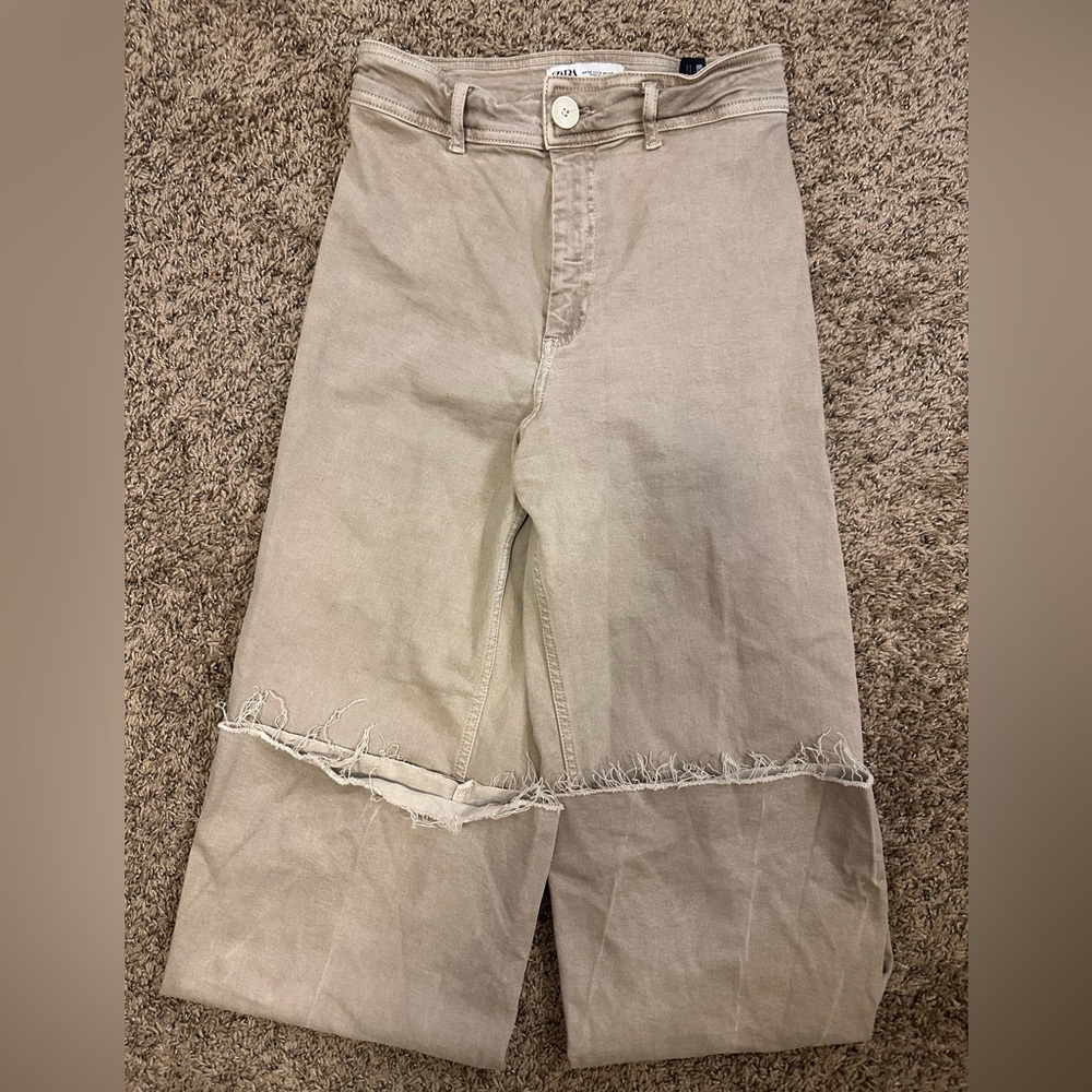 zara marine wide leg pants raw hem dusty brown size 6